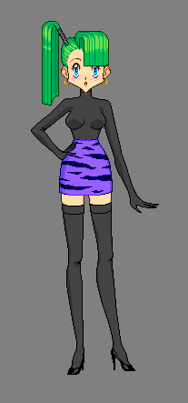 pixel art of exaggerated anime-style lady, with bone-straight shiny green hair pulled into a side ponytail, wearing a skin-tight black turtleneck skirt with built-in gloves, purple tiger-stripe pencil miniskirt, thigh-high opaque black tights, shiny black stilettos, and golden hoop earrings